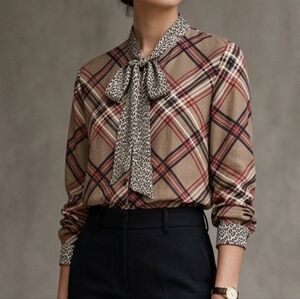 Barbara Lebek Plaid & Leopard Tie Neck Blouse Sz M